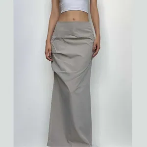 Ruched solid zip-up slit cargo maxi skirt