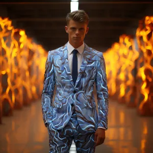 Rulercosplay Flame Mens 2 Piece Print Suit Floral Dress Jacket Slim 2 Button Blazer Pants For Party