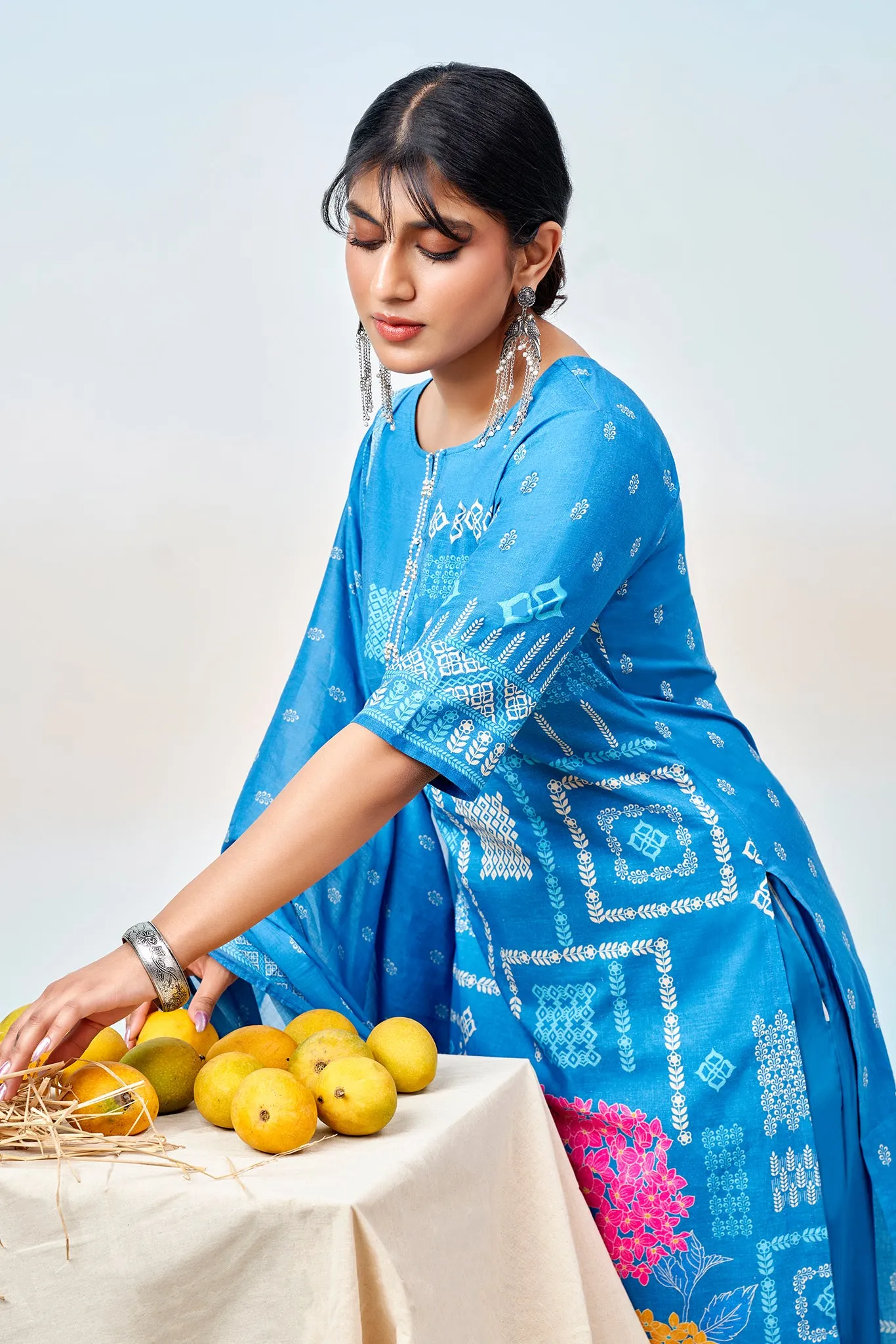 Sapphire Blue Printed Kurta Set with Dupatta