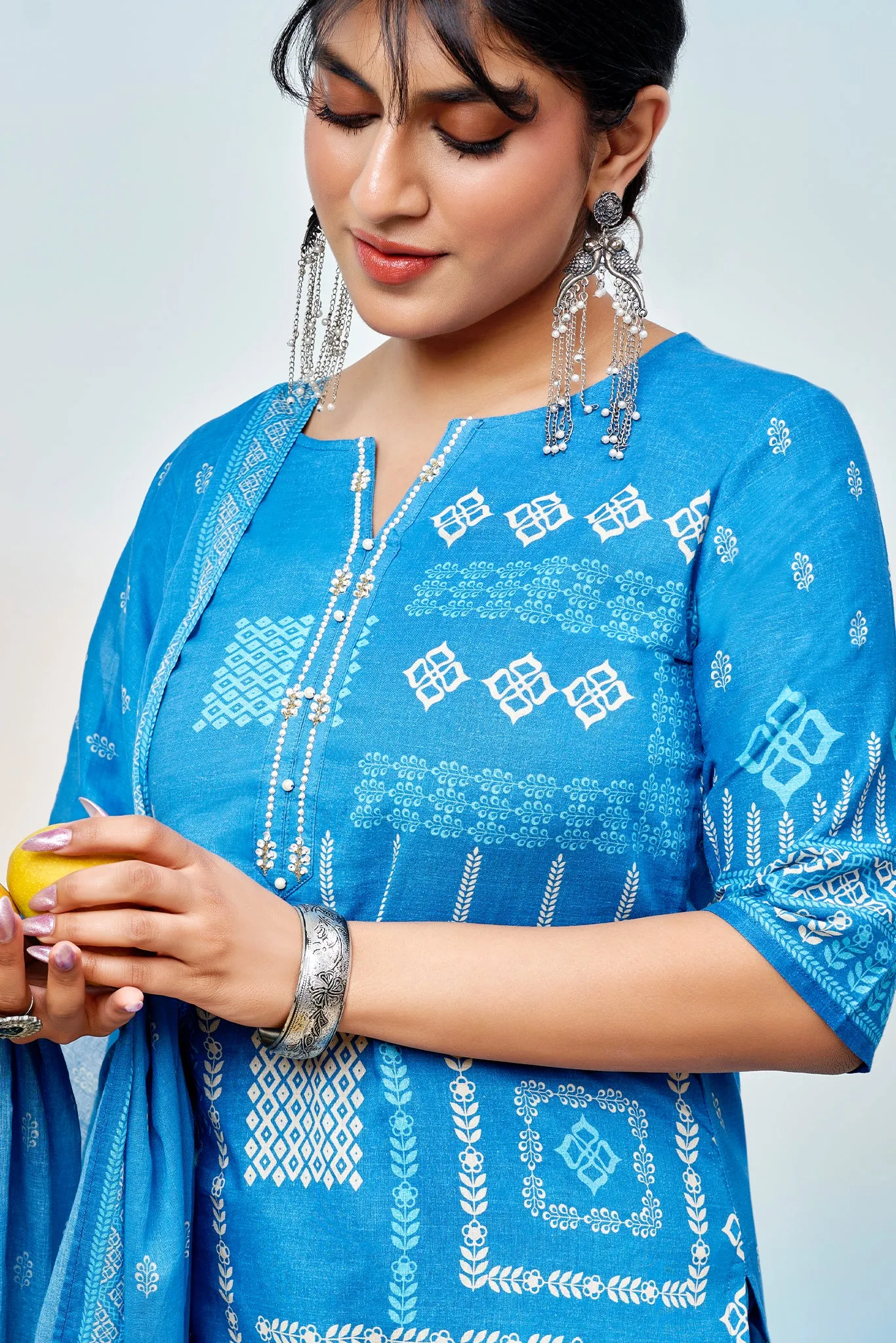 Sapphire Blue Printed Kurta Set with Dupatta