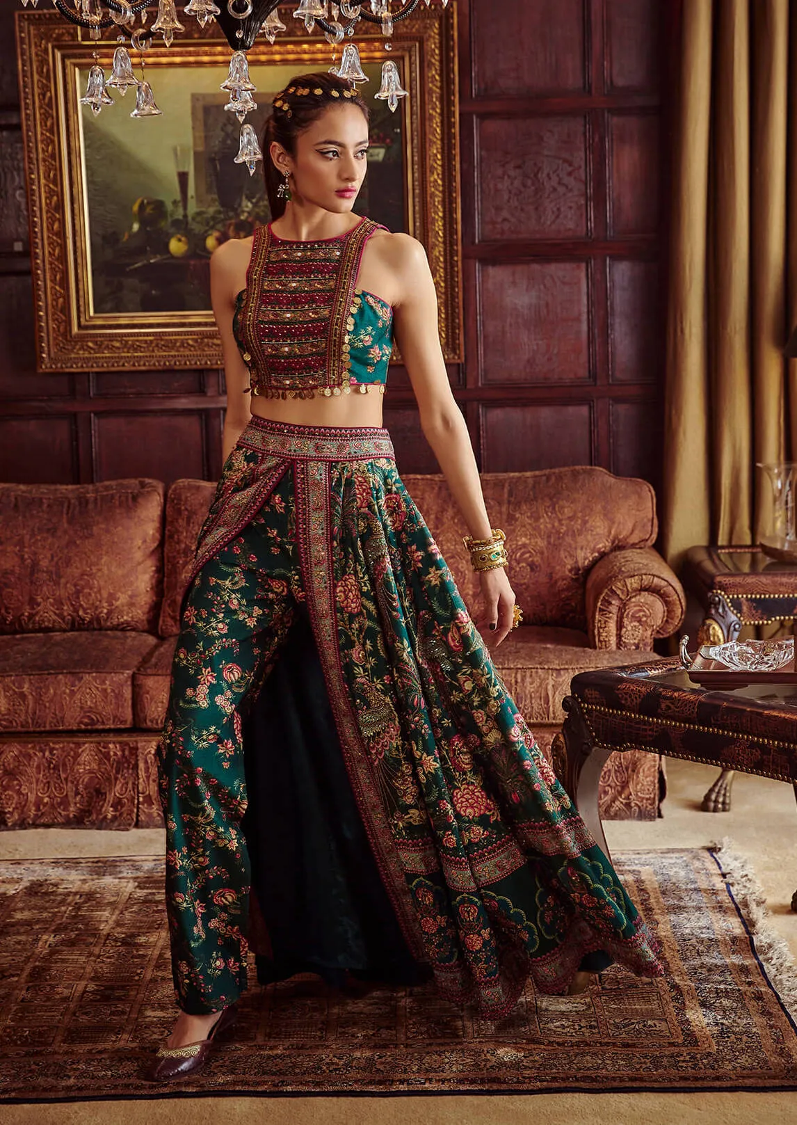Scarlett bottle green palazzo lehenga and blouse