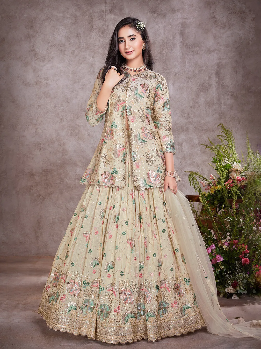 Serene Pale Cream Lehenga for Girl