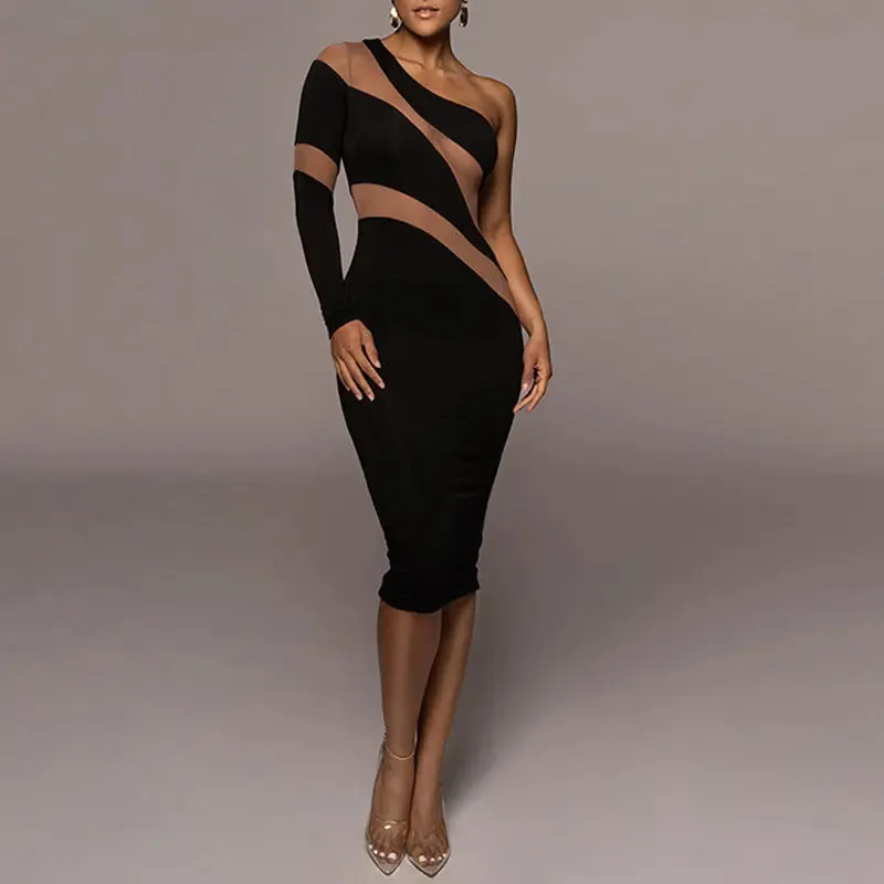 Sexy High-waisted MIDI Skirt Stitching Mesh Yarn Perspective Dress