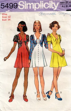 Simplicity 5499 Womens Colour Block Puff Sleeved Mini Dress 1970s Vintage Sewing Pattern Size 12 Bust 34 inches