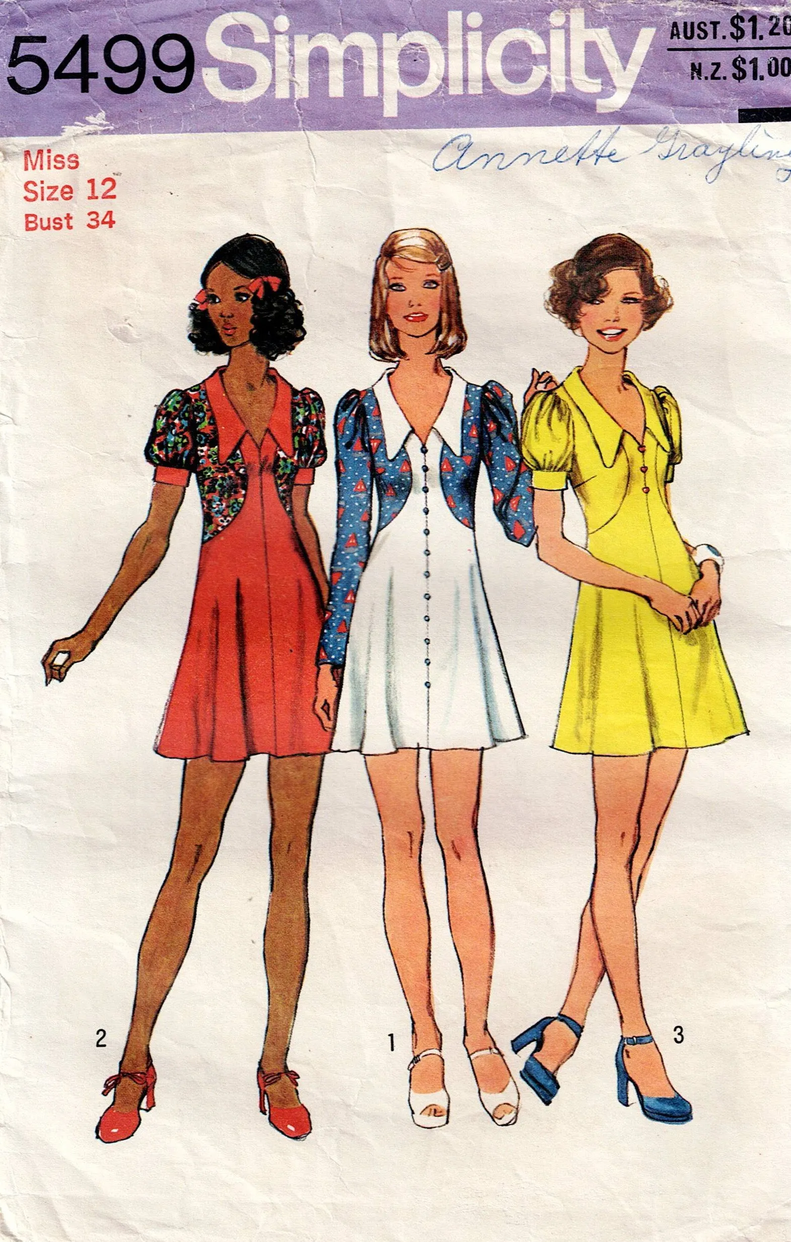 Simplicity 5499 Womens Colour Block Puff Sleeved Mini Dress 1970s Vintage Sewing Pattern Size 12 Bust 34 inches