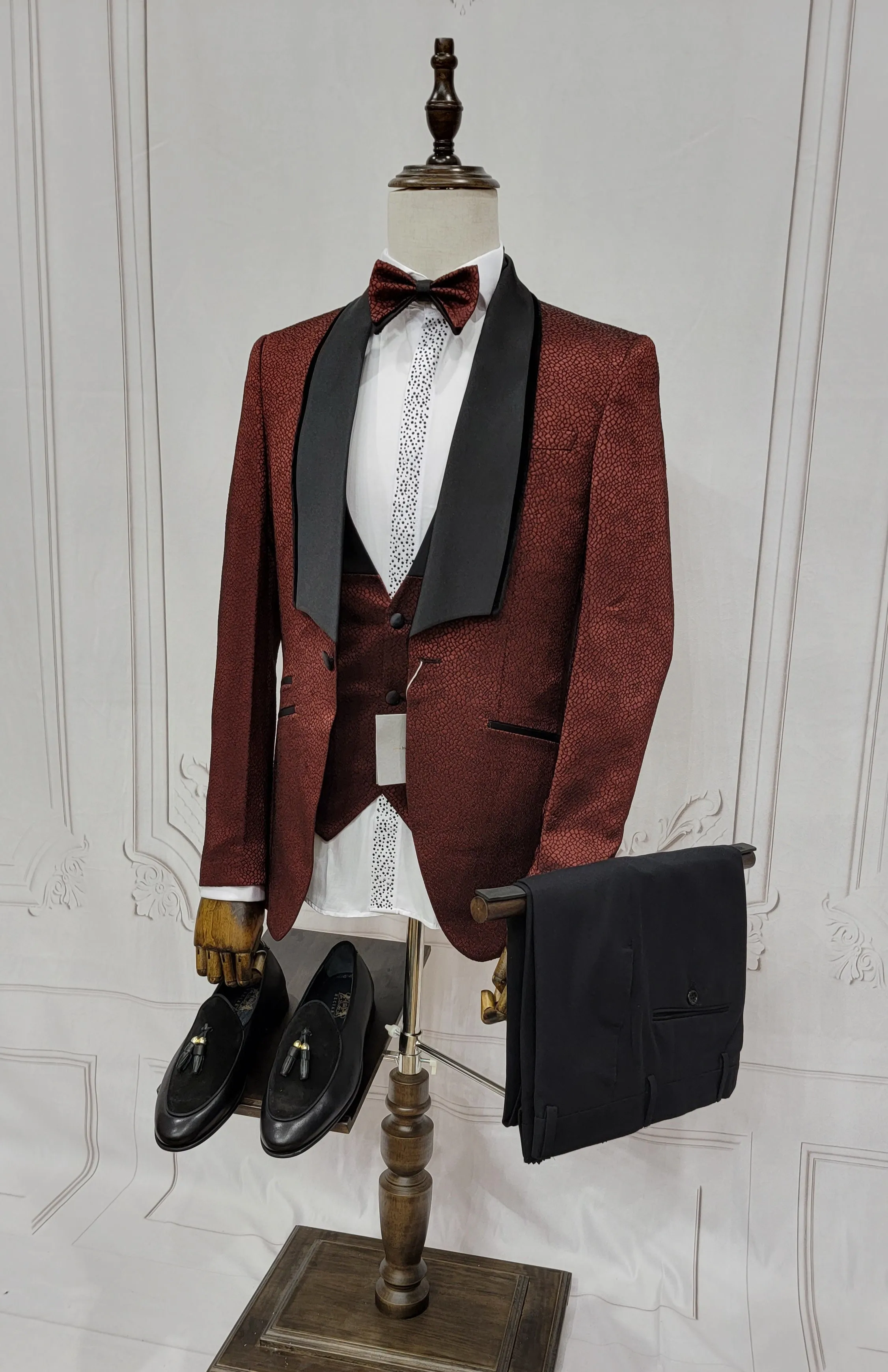 Single Button Three Piece Tuxedo Suit with Contrasting Black Lapel and Pants