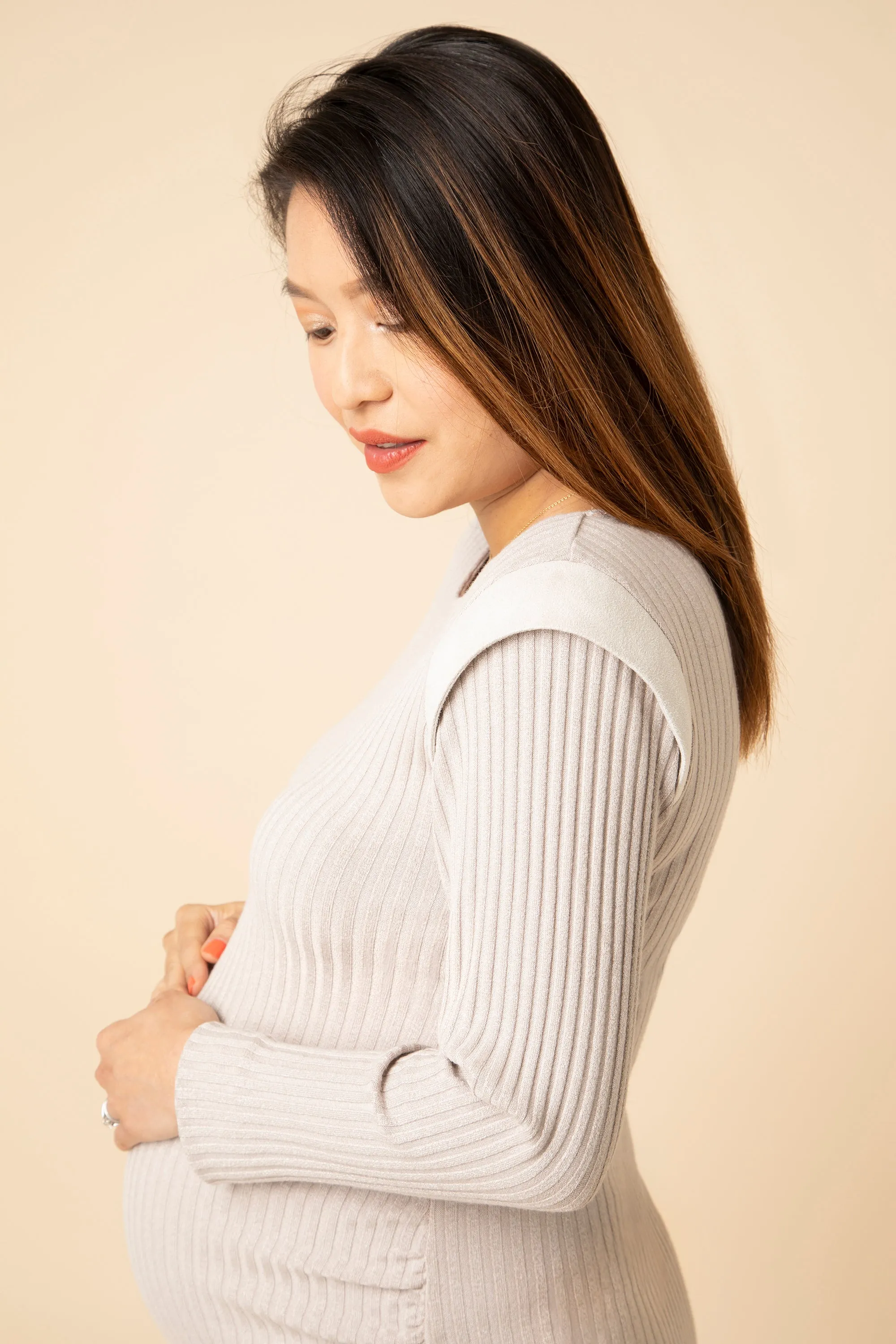 Slim-fit Ribbed Maternity Dress with Shoulder Detail, Beige