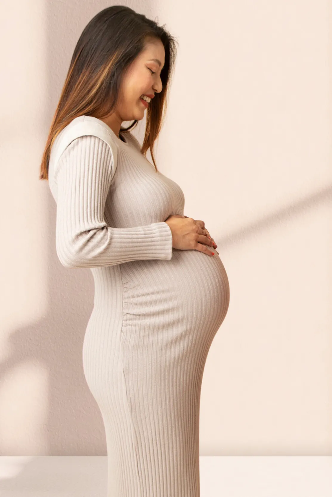 Slim-fit Ribbed Maternity Dress with Shoulder Detail, Beige