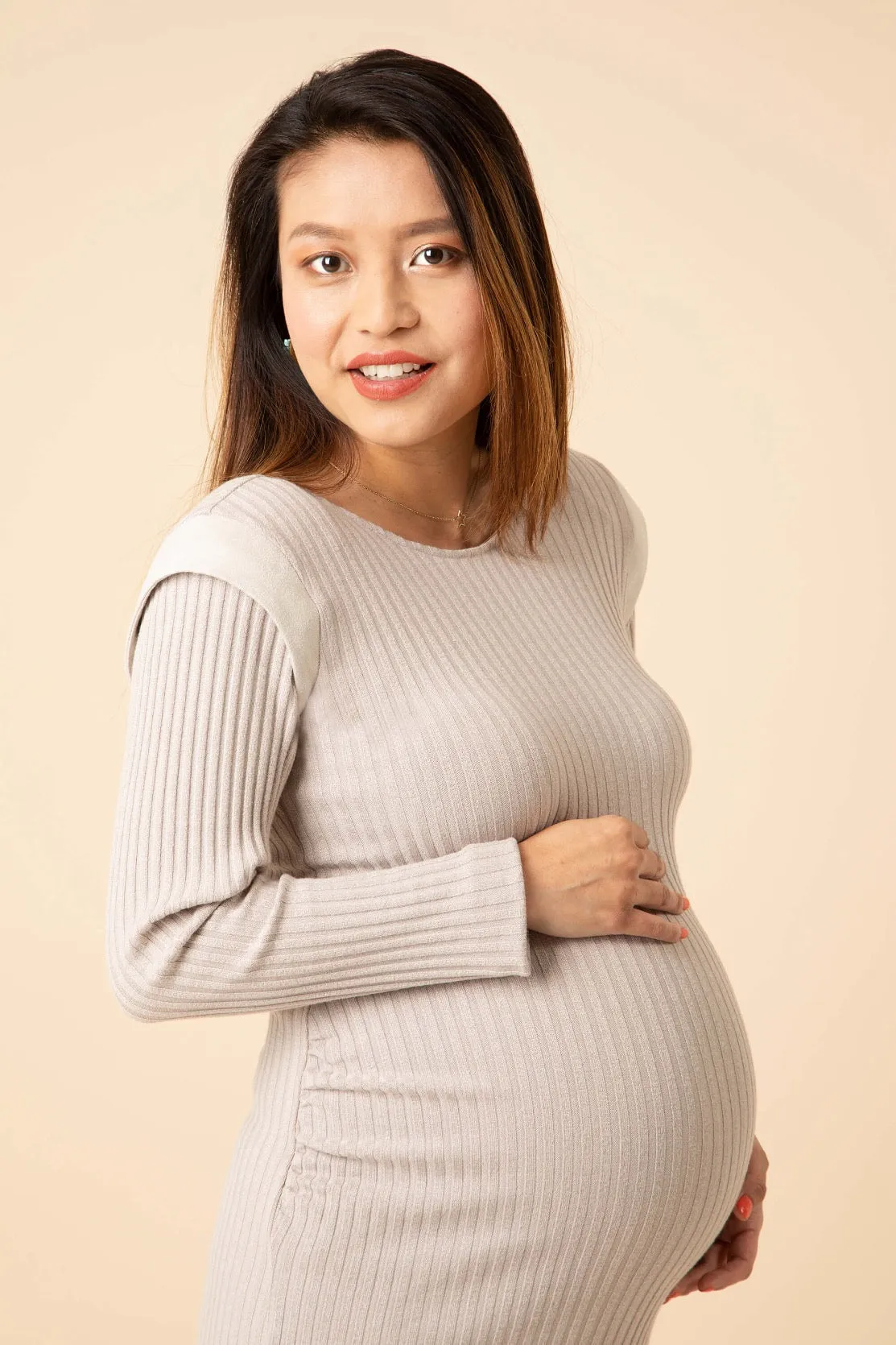 Slim-fit Ribbed Maternity Dress with Shoulder Detail, Beige