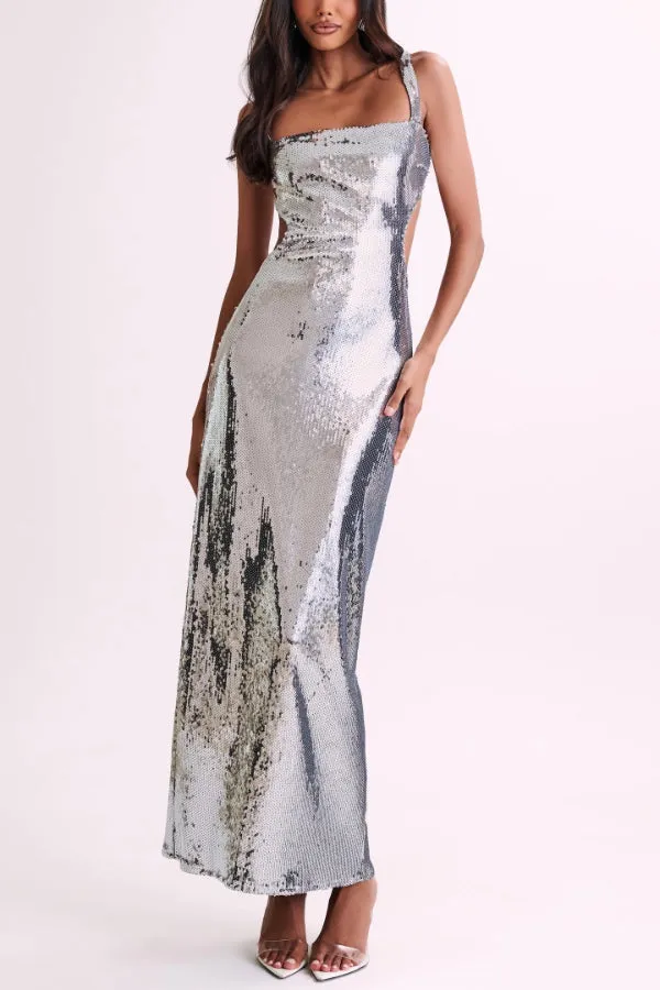 Slim Fit Square Neck Halter Backless Maxi Dress