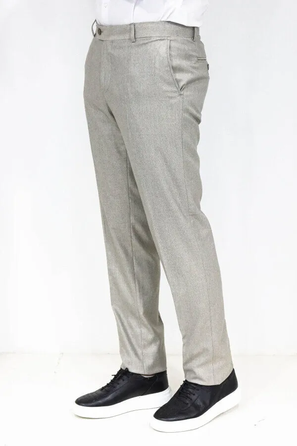 Slim Fit Textured Cream Men Trousers - Wessi