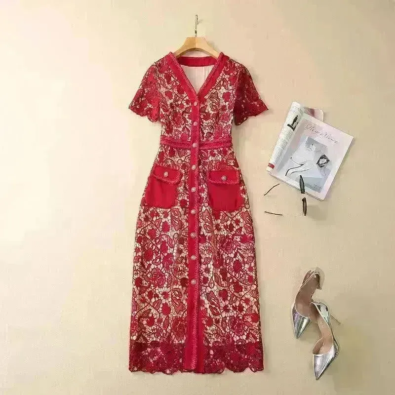 Small V-neck Metal Single-breasted Water Soluble Slim Fit Dress