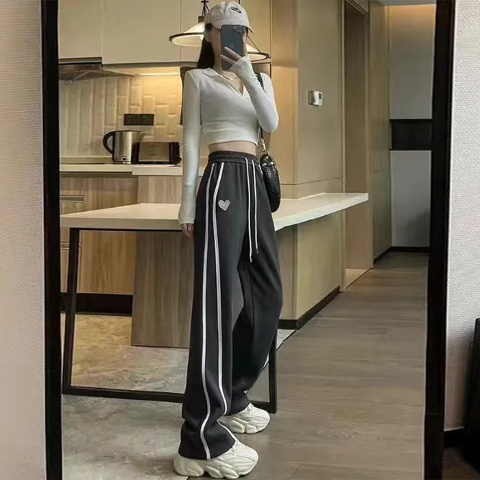 Solid Charcoal Contrast Stripped Wide Leg Sweatpants