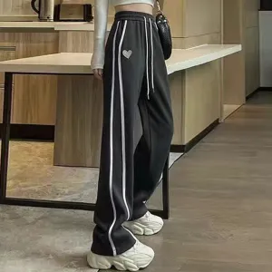 Solid Charcoal Contrast Stripped Wide Leg Sweatpants