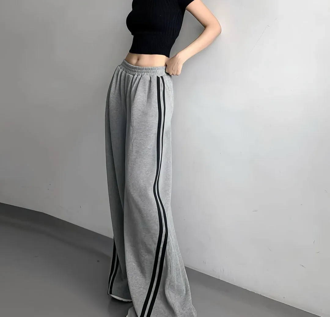 Solid Grey Contrast Stripped Wide Leg Sweatpants