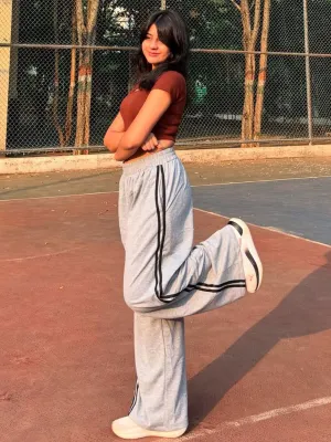 Solid Grey Contrast Stripped Wide Leg Sweatpants