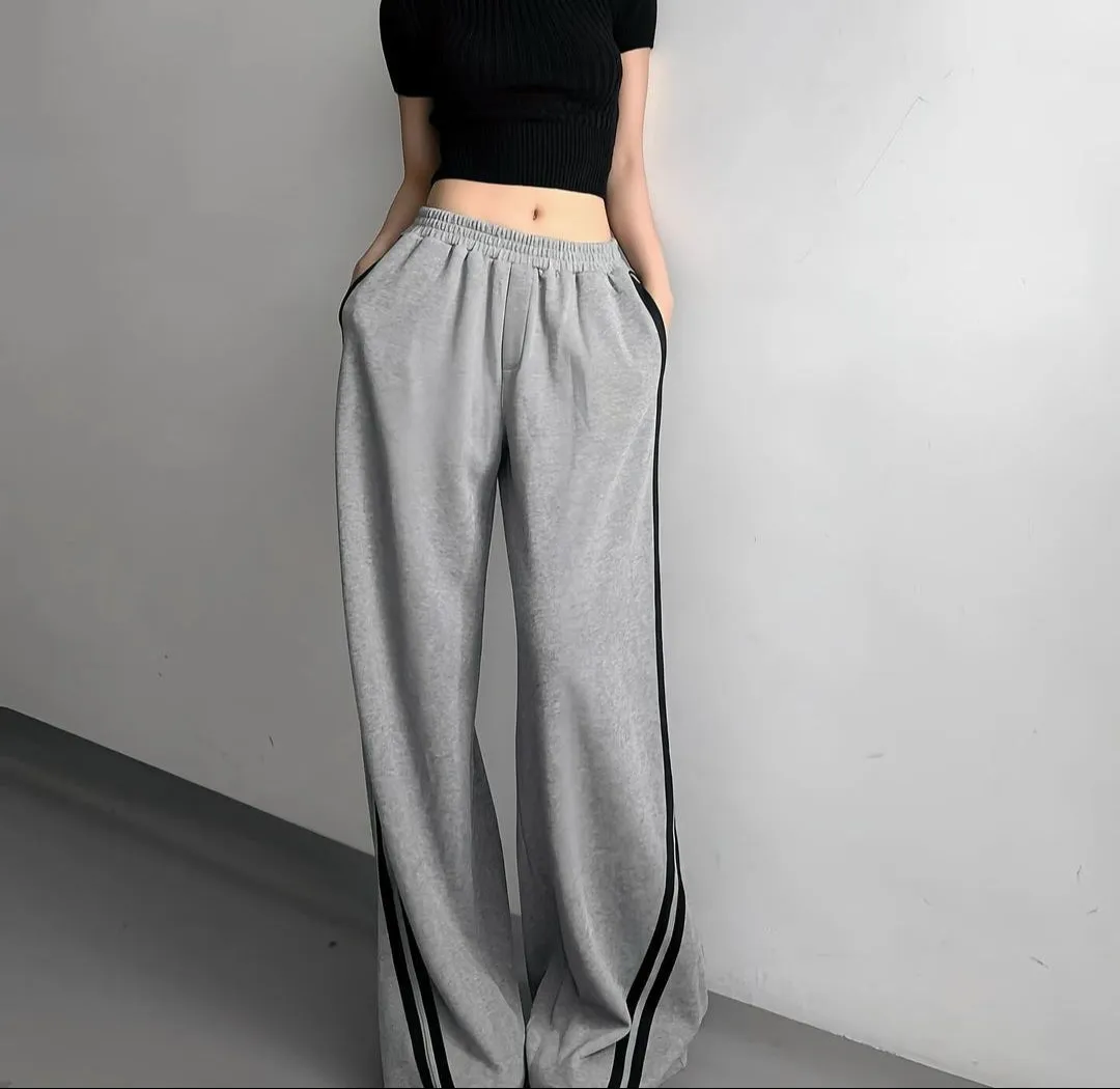 Solid Grey Contrast Stripped Wide Leg Sweatpants