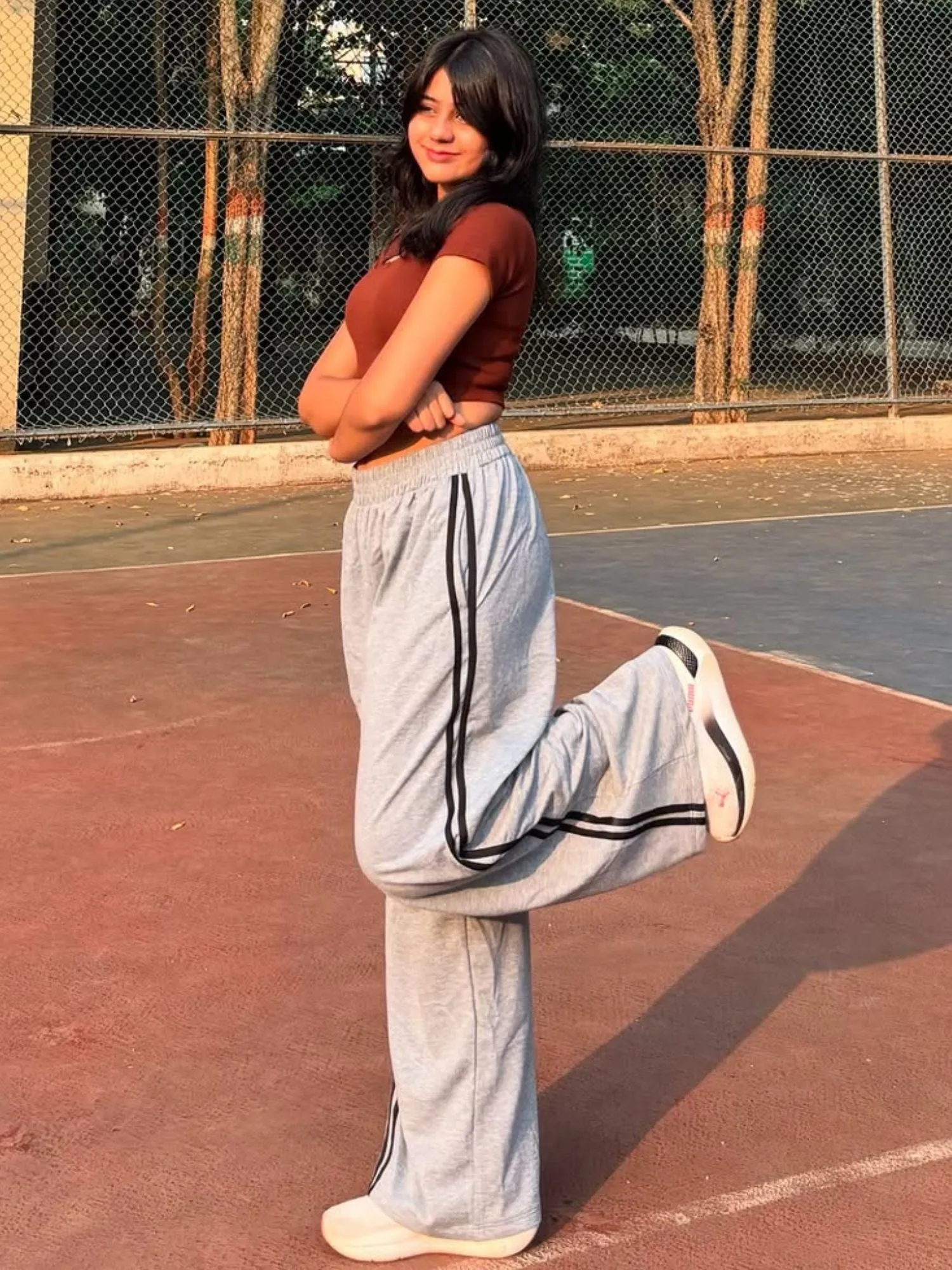 Solid Grey Contrast Stripped Wide Leg Sweatpants