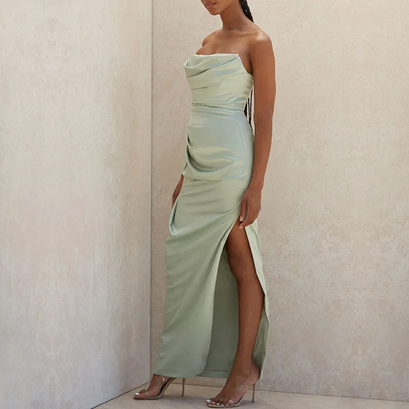 Solid Off Shoulder Ruched High Slit Maxi Dress