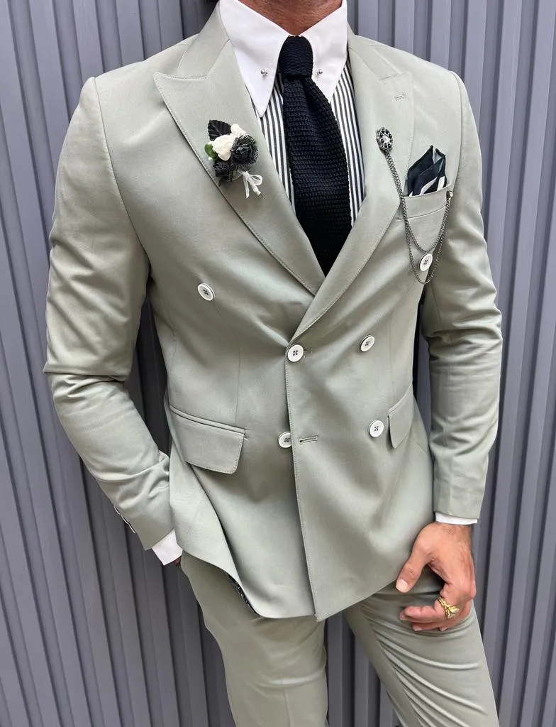 Sorento Mint Slim Fit Pinstripe Double Breasted Cotton Suit