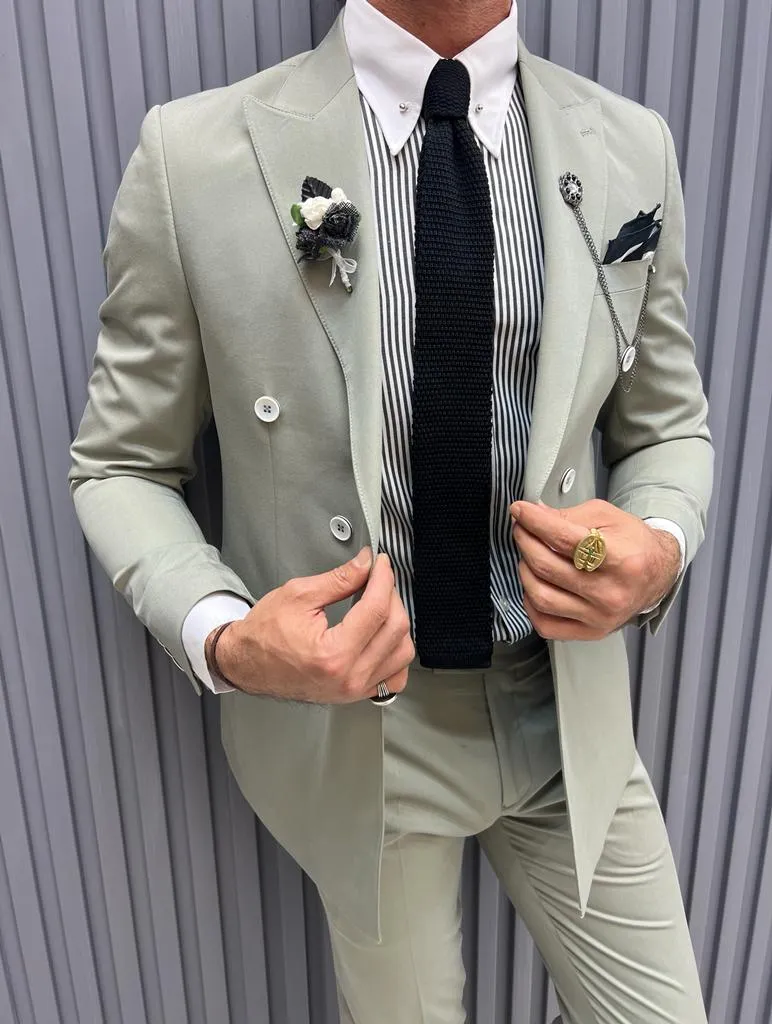 Sorento Mint Slim Fit Pinstripe Double Breasted Cotton Suit