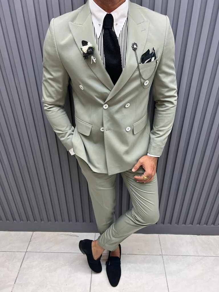 Sorento Mint Slim Fit Pinstripe Double Breasted Cotton Suit