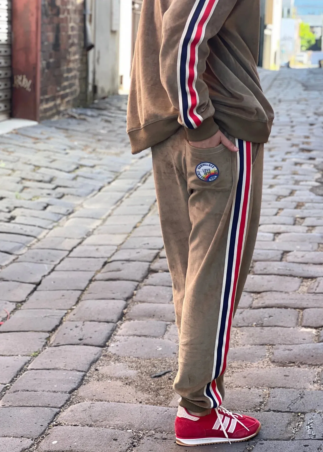 Sporty Velour Track Pant - Khaki | Hammill & Co