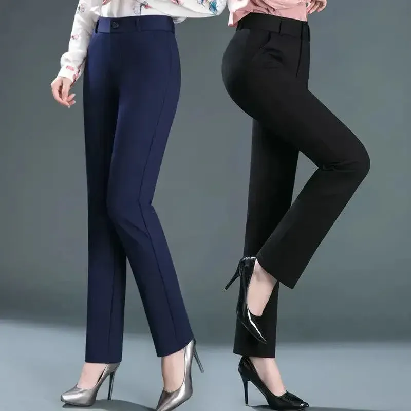 Spring Autumn Casual Button Elastic Mid Waist Straight Trousers