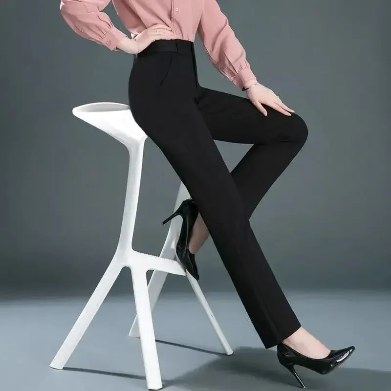 Spring Autumn Casual Button Elastic Mid Waist Straight Trousers