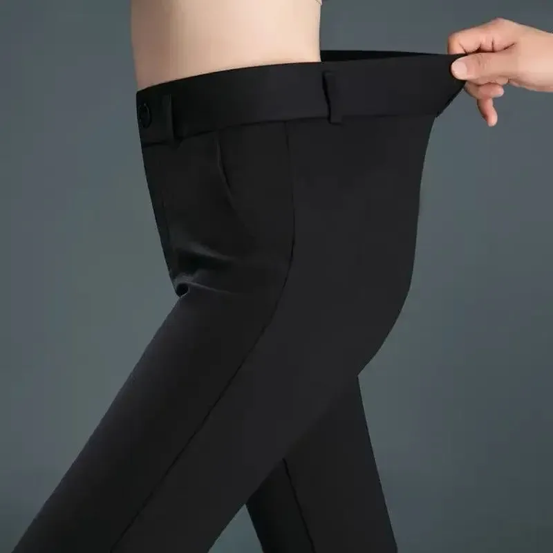 Spring Autumn Casual Button Elastic Mid Waist Straight Trousers