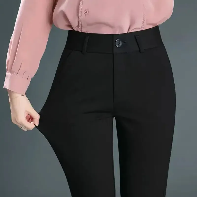 Spring Autumn Casual Button Elastic Mid Waist Straight Trousers