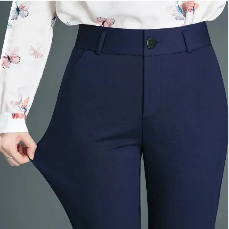 Spring Autumn Casual Button Elastic Mid Waist Straight Trousers