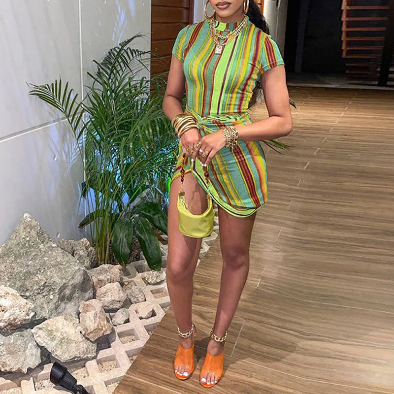 Striped Print Short Sleeve Slit Bodycon Dress
