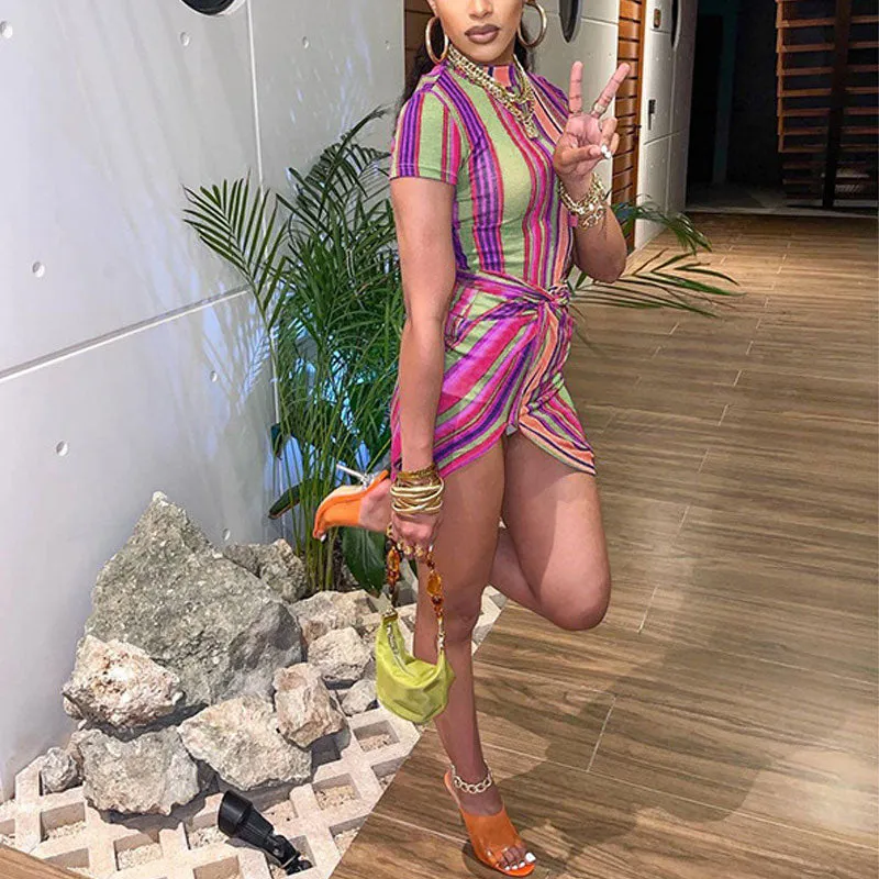 Striped Print Short Sleeve Slit Bodycon Dress