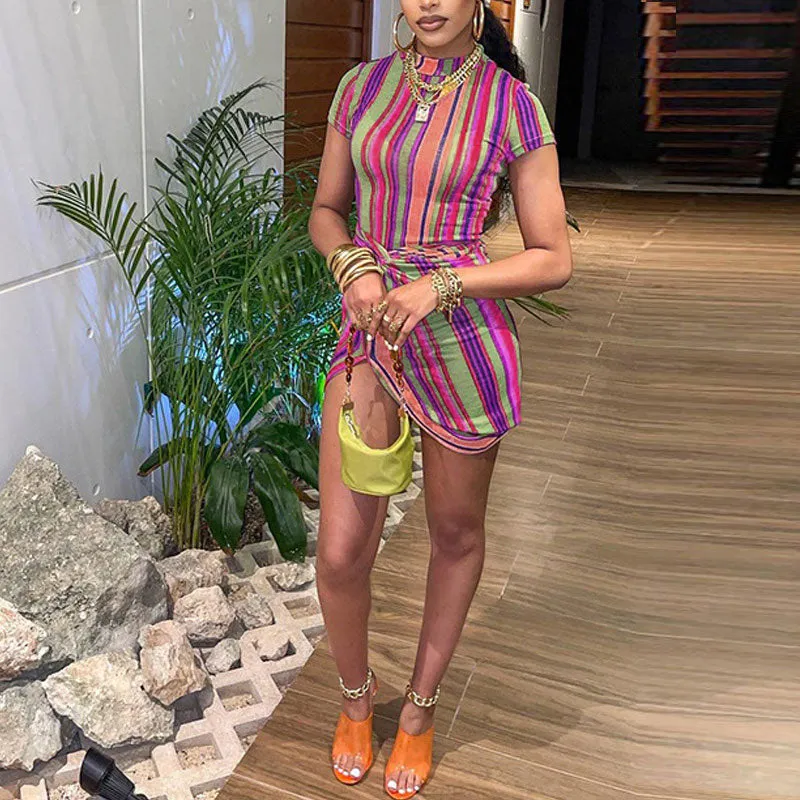Striped Print Short Sleeve Slit Bodycon Dress