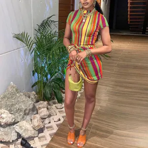 Striped Print Short Sleeve Slit Bodycon Dress