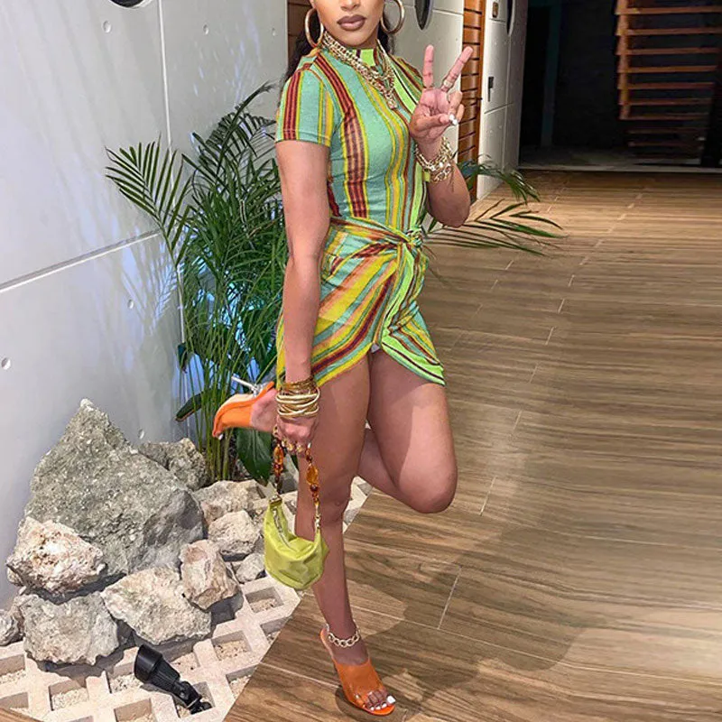 Striped Print Short Sleeve Slit Bodycon Dress