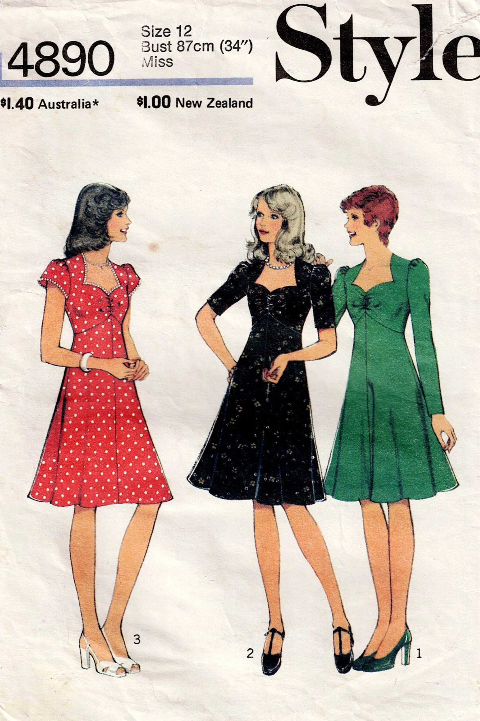 Style 4890 Womens High Waisted Puffy Sleeved Dress 1970s Vintage Sewing Pattern Size 12 Bust 34 inches