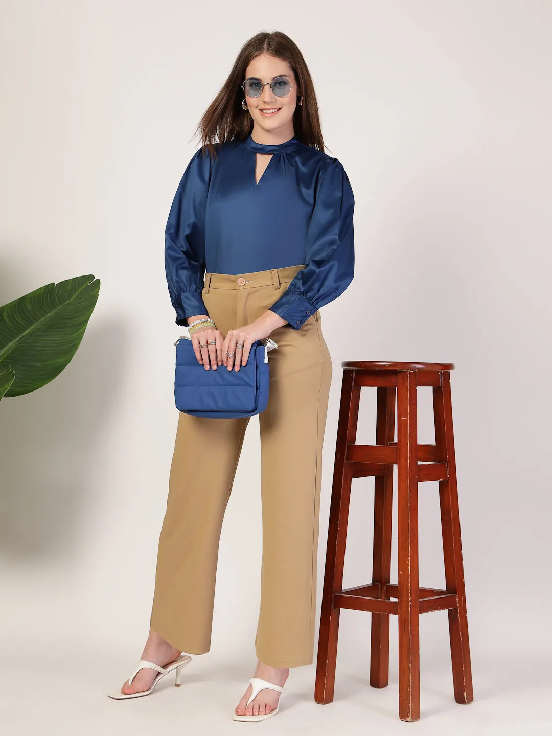 Style Quotient Women Solid Petrol Satin Regular Fit Semi Formal Top