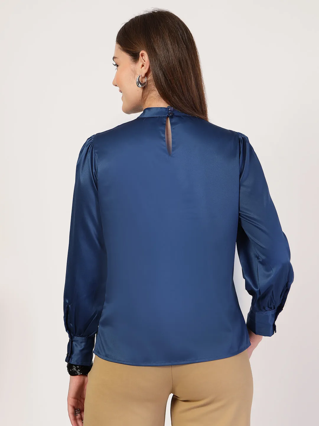 Style Quotient Women Solid Petrol Satin Regular Fit Semi Formal Top