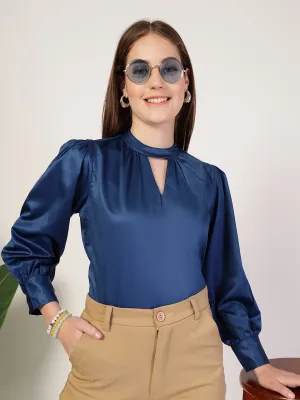 Style Quotient Women Solid Petrol Satin Regular Fit Semi Formal Top