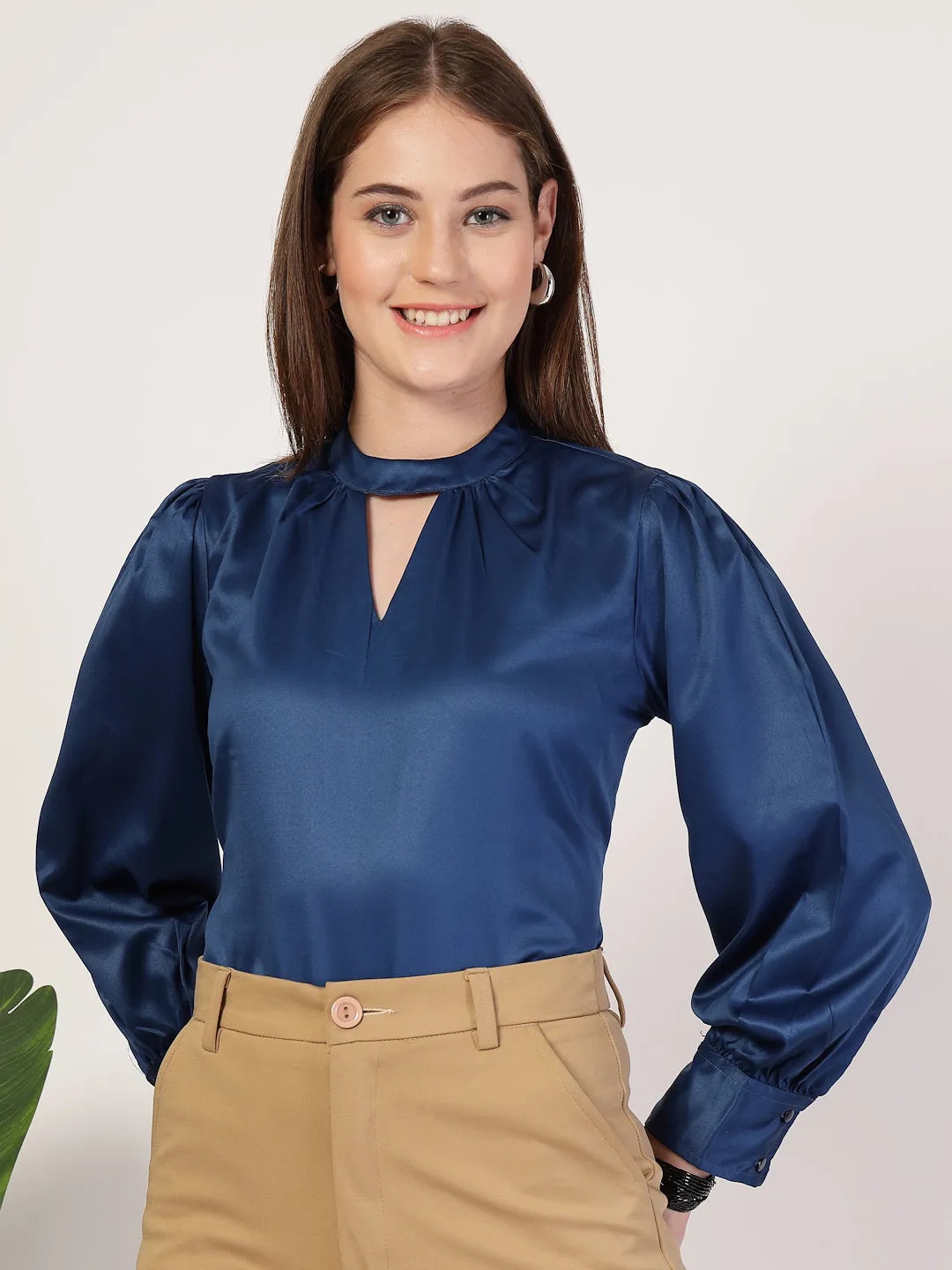 Style Quotient Women Solid Petrol Satin Regular Fit Semi Formal Top