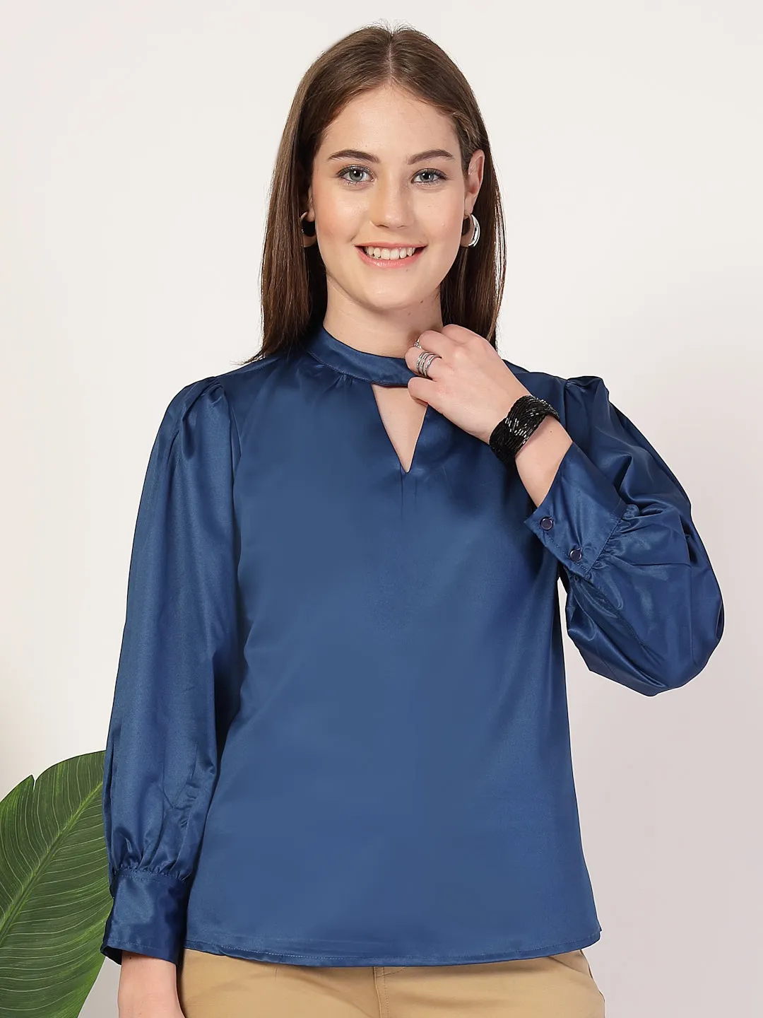 Style Quotient Women Solid Petrol Satin Regular Fit Semi Formal Top