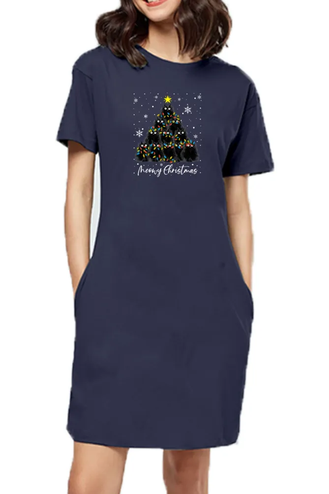 T-shirt Dress With Pockets - Meowy Christmas (3 Colours) (Slim Fit)