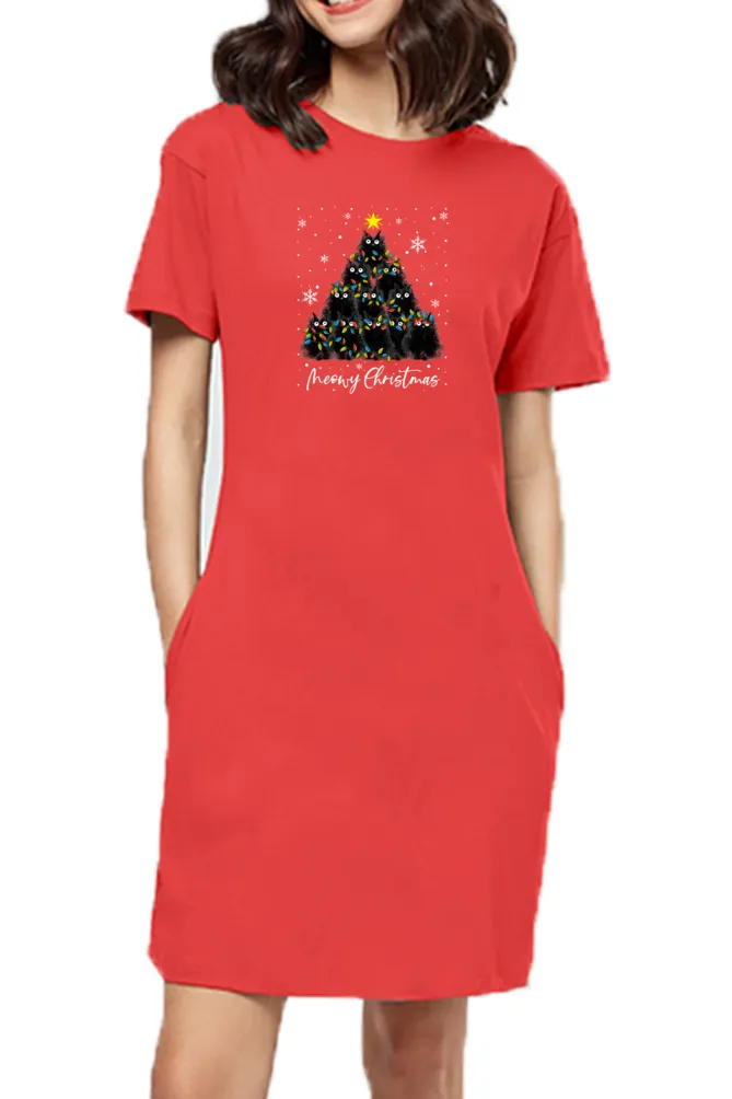 T-shirt Dress With Pockets - Meowy Christmas (3 Colours) (Slim Fit)