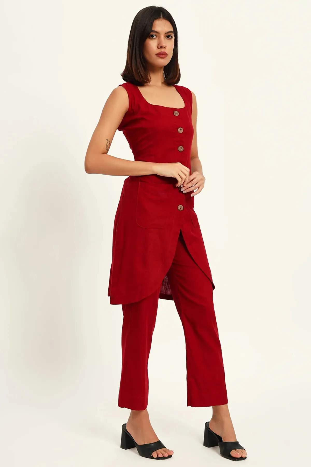 Tailored Vest Kurta Pant Set, Maroon