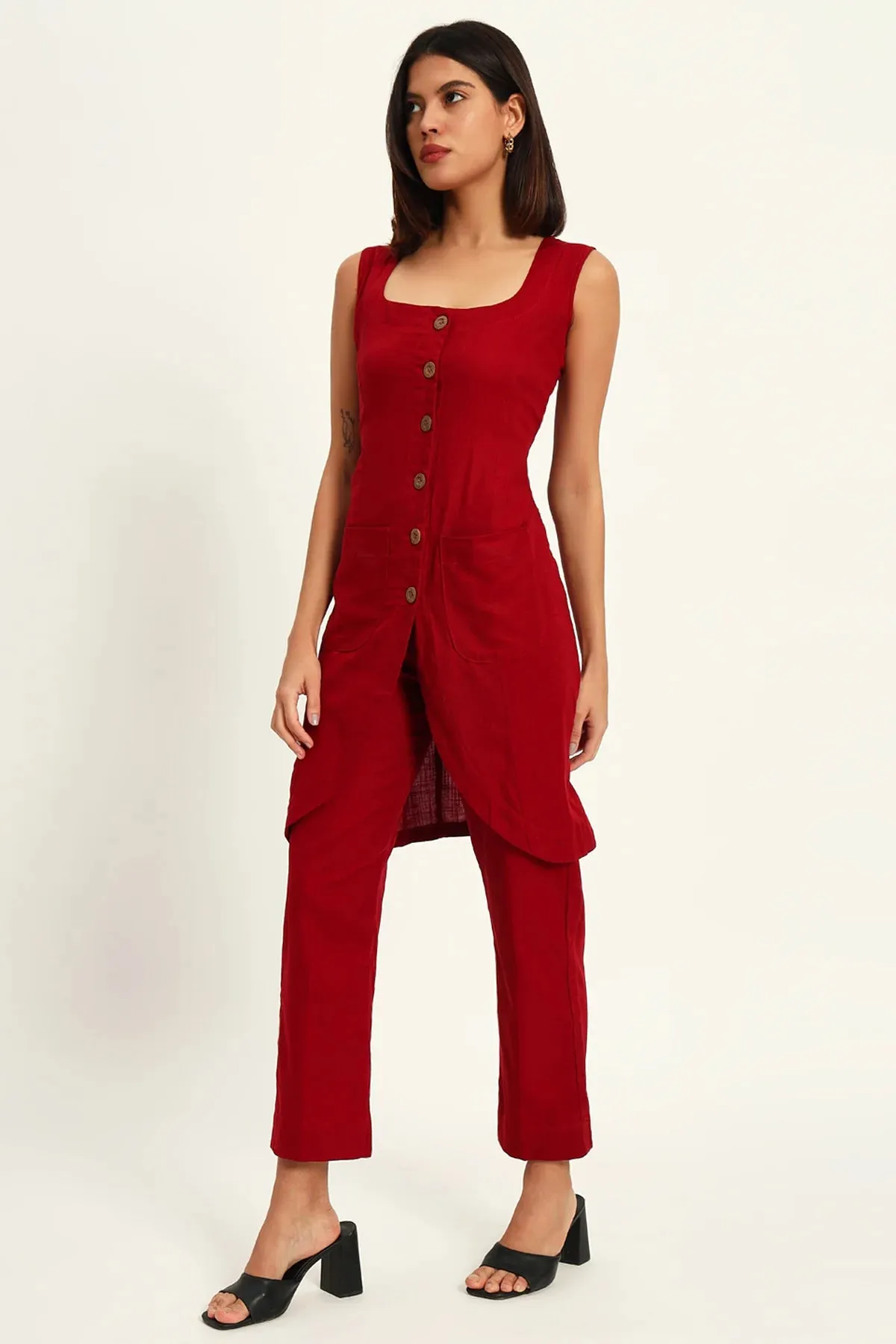 Tailored Vest Kurta Pant Set, Maroon