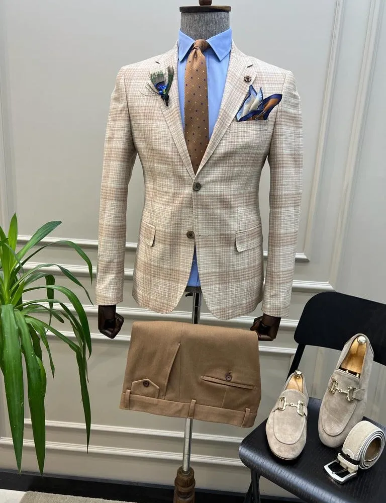 Tampa Beige Slim Fit Notch Lapel 2 Piece Plaid Suit for Modern Men