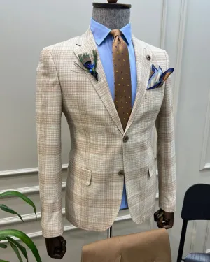 Tampa Beige Slim Fit Notch Lapel 2 Piece Plaid Suit for Modern Men