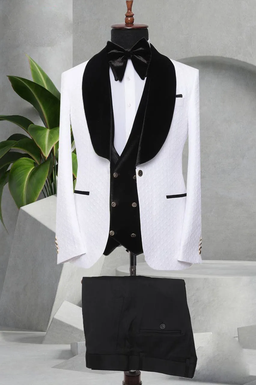 Three Pieces Tuxedo Suit with Contrasting Black velvet Lapel, matching bow tie and Black Pants.